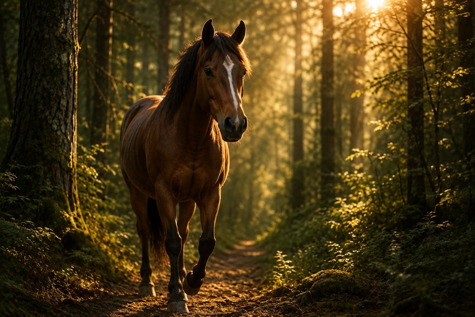 Braunes Pferd auf einem Waldweg im Abendlicht